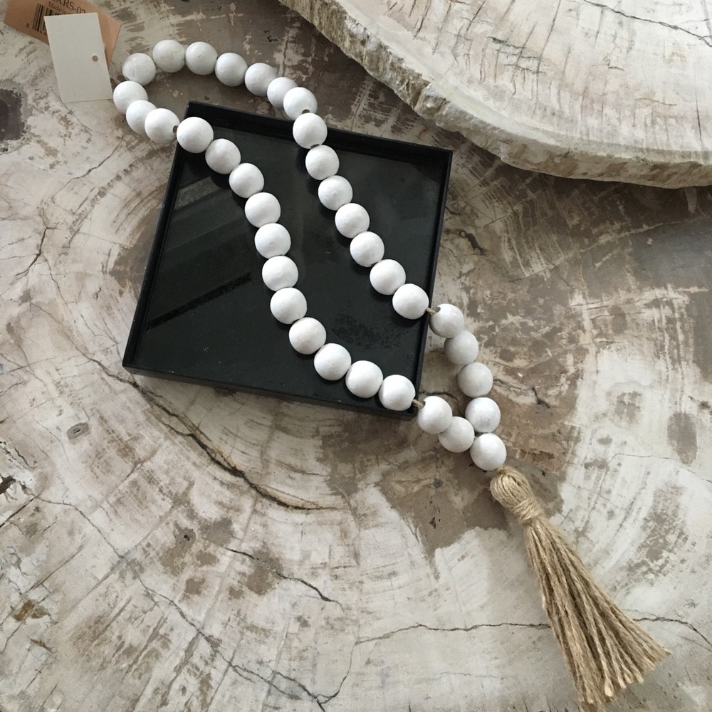 Adorable white washed wooden beads w/ jute tassel